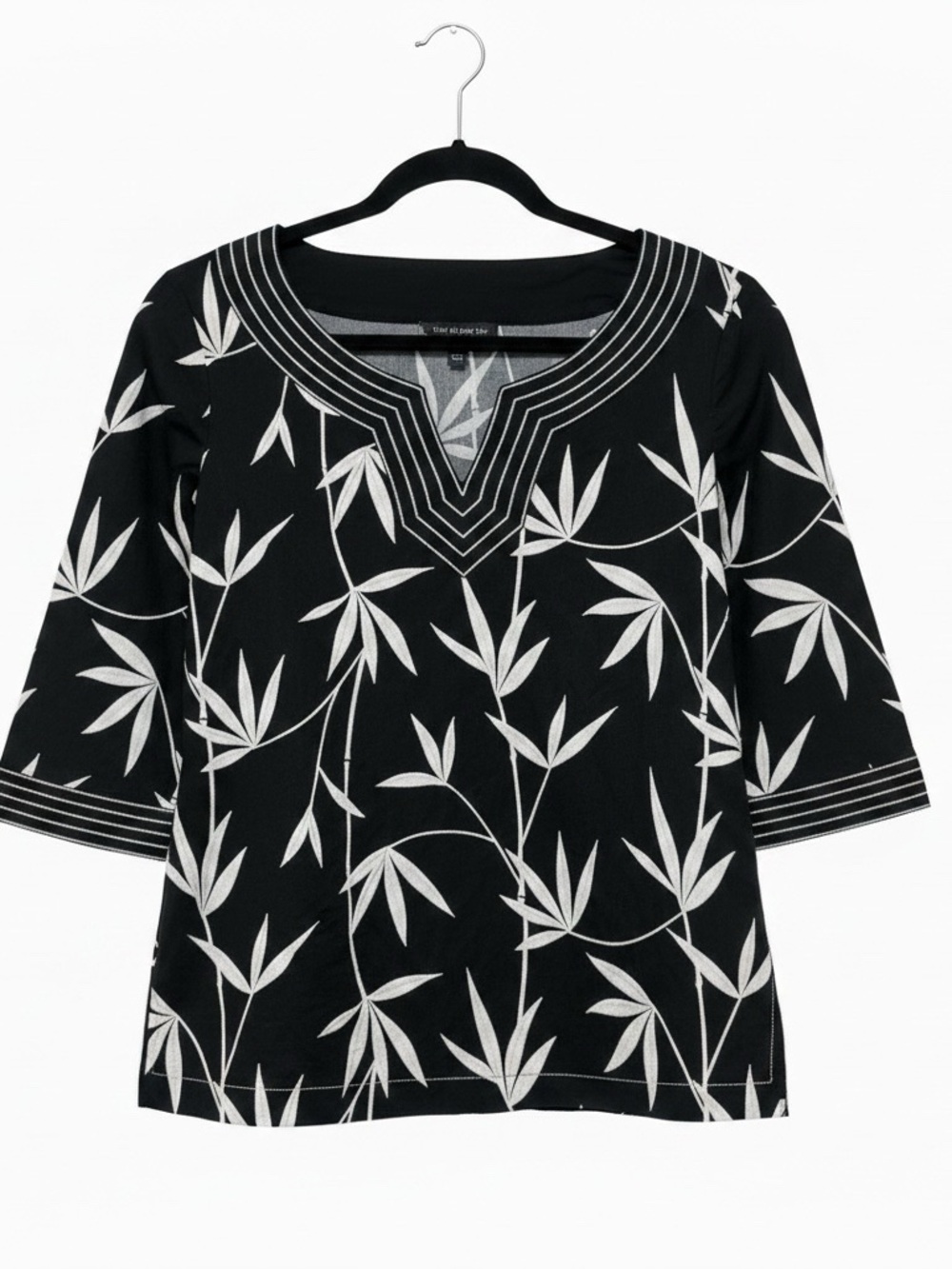 Talbots Black Tunic with White Leaf Embroidery and V-Neck